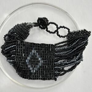 Vtg Beaded Bracelet Black Bugle Beads Statement Gothic Boho Artisan Slinky